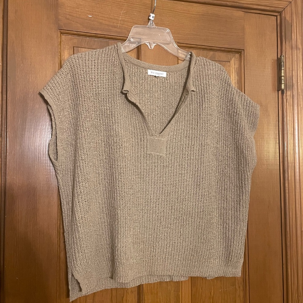 Blu Pepper Casual Tan Stretchy Knit‎ Sweater w/Narrow V-Neck, Size Large